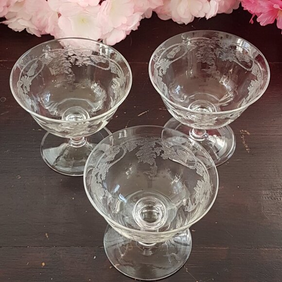 3pc Bohemia Crystal Etched Thistle Coupe Champagne or Sherbet Glasses - Picture 3 of 9